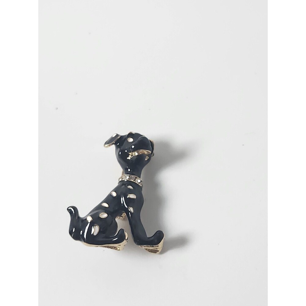Black and Gold Enamel Dog Brooch with Crystals on Collar